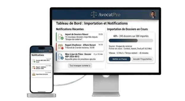 الإشعارات واستيراد mahakim AvocatPro